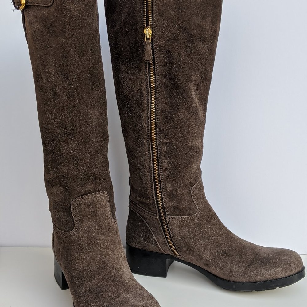 Light brown suede Prada knee high boots